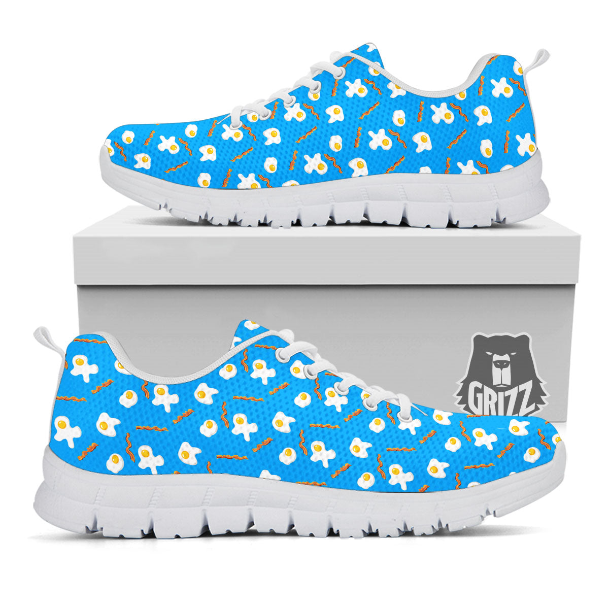 Blue Bacon And Fried Egg Print Pattern White Sneaker-grizzshop