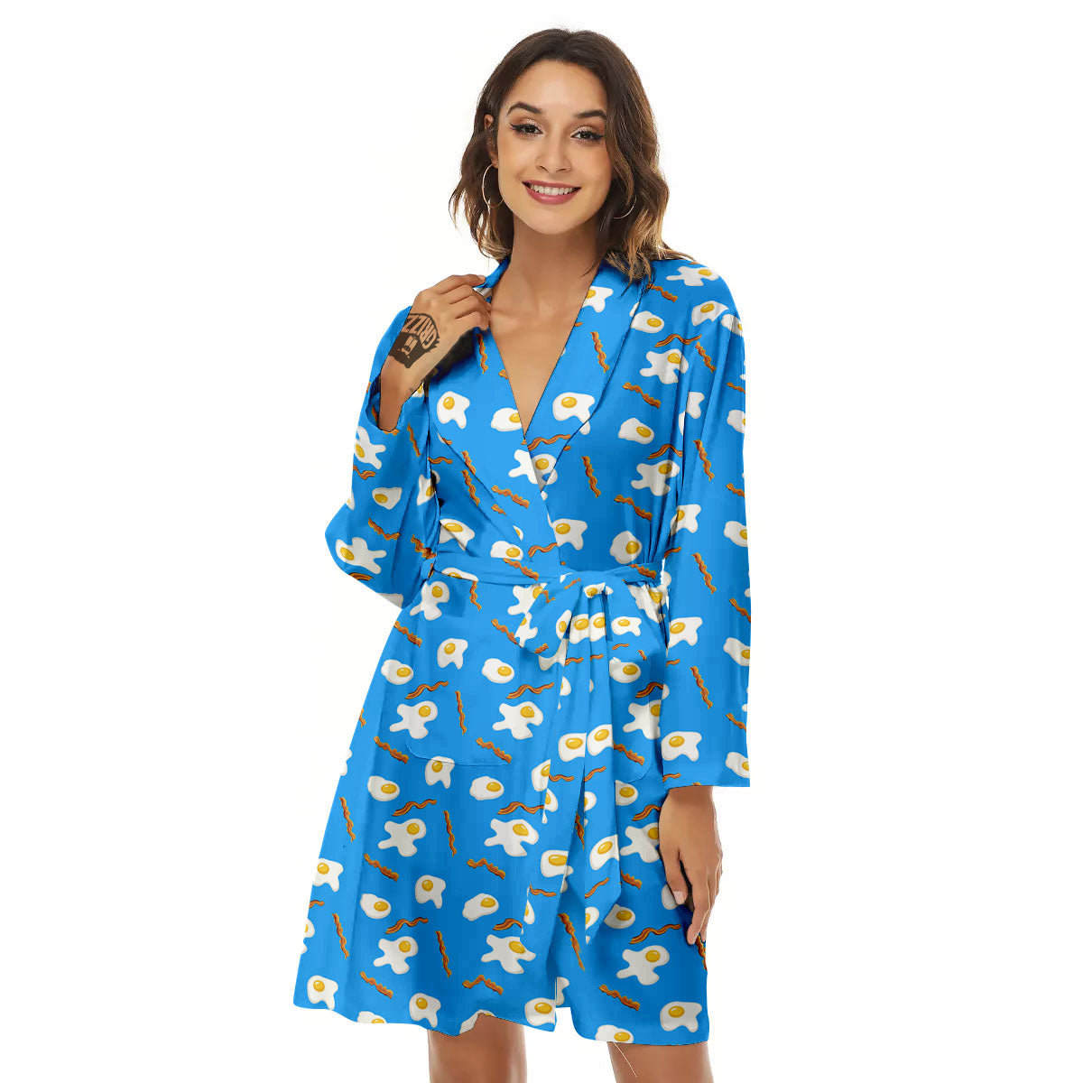 Blue Bacon And Fried Egg Print Pattern Women's Robe-grizzshop