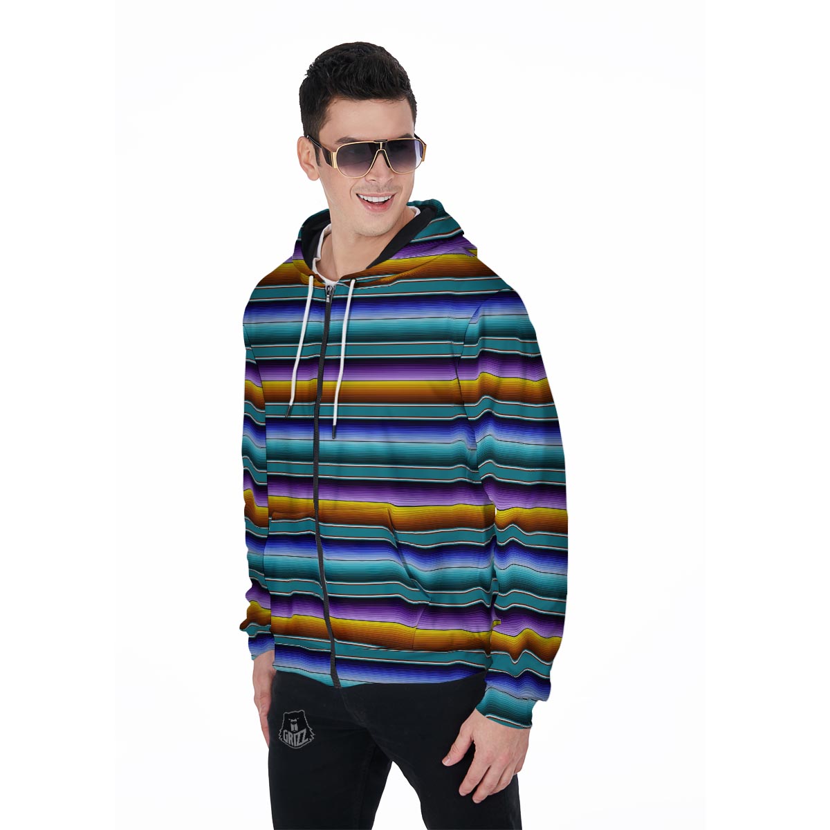 Blue Baja Serape Men's Zip Up Hoodie-grizzshop