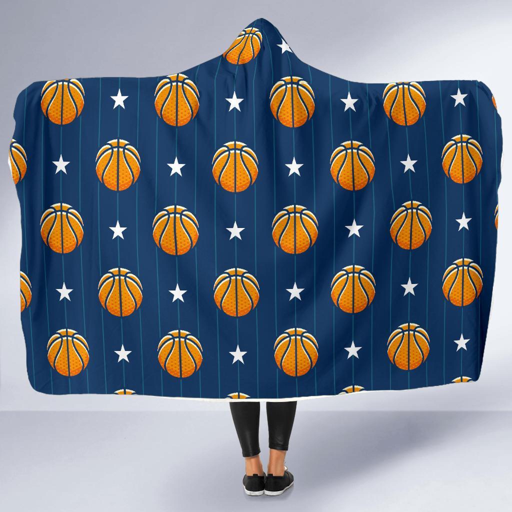 Blue Basketball Pattern Print Hooded Blanket-grizzshop