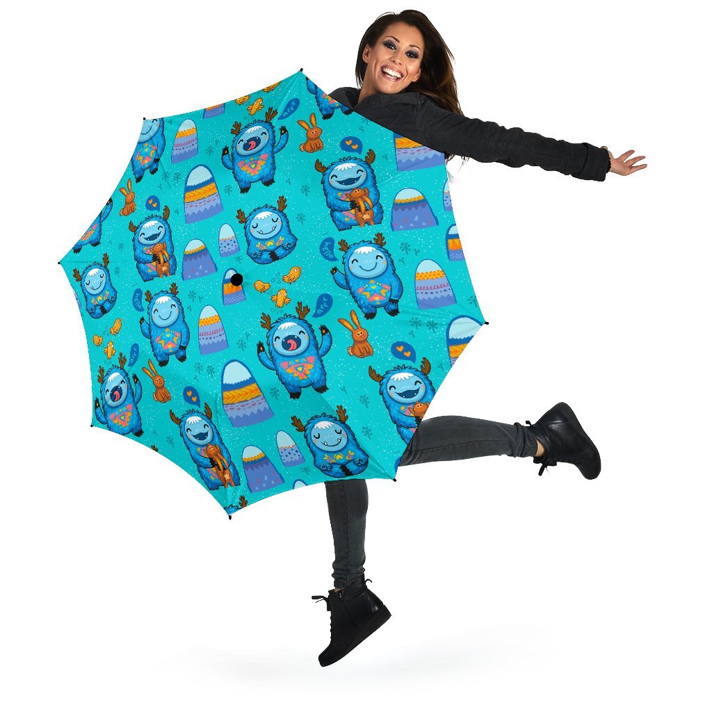 Blue Bigfoot Pattern Print Automatic Foldable Umbrella-grizzshop