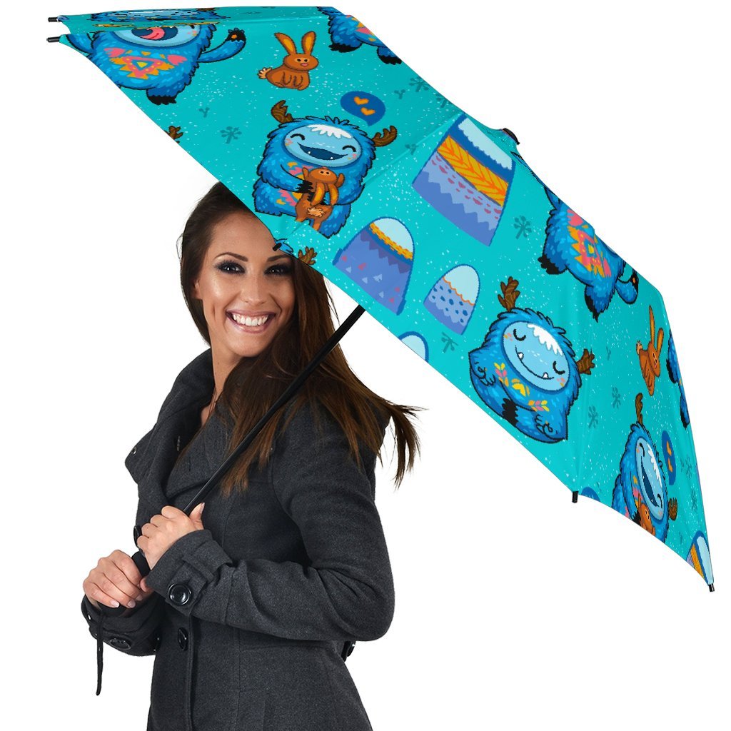 Blue Bigfoot Pattern Print Automatic Foldable Umbrella-grizzshop
