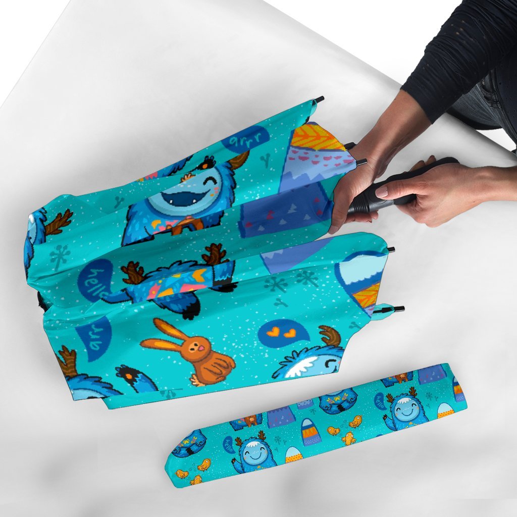 Blue Bigfoot Pattern Print Automatic Foldable Umbrella-grizzshop