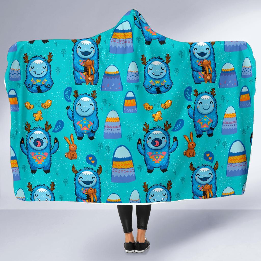 Blue Bigfoot Pattern Print Hooded Blanket-grizzshop