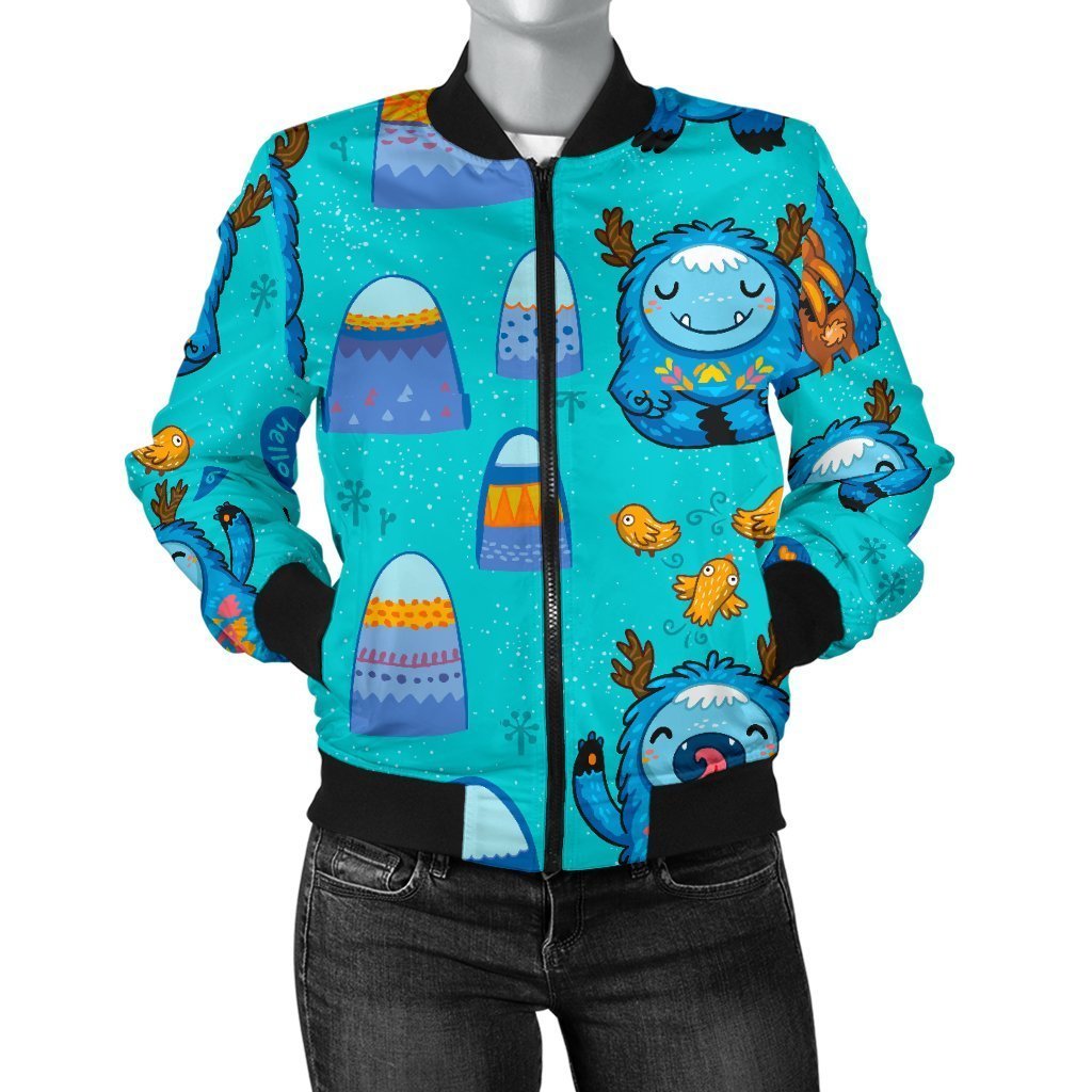 Blue Bigfoot Pattern Print Women Casual Bomber Jacket-grizzshop