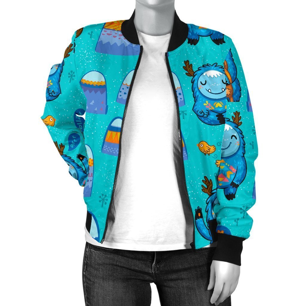 Blue Bigfoot Pattern Print Women Casual Bomber Jacket-grizzshop