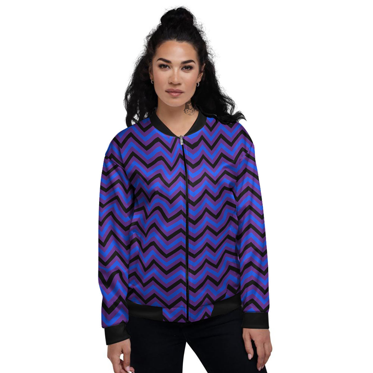 Blue Black And Purple Chevron Print Women's Bomber Jacket-grizzshop