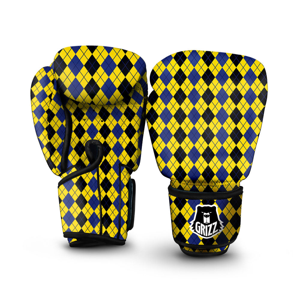 Blue Black And Yellow Argyle Print Boxing Gloves-grizzshop
