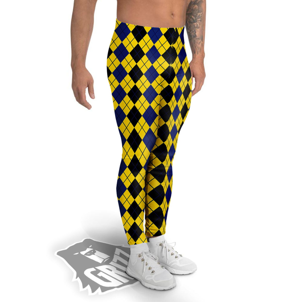 Blue Black And Yellow Argyle Print Men's Leggings-grizzshop