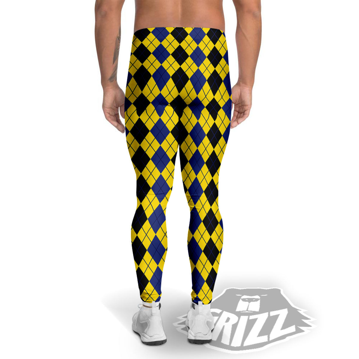 Blue Black And Yellow Argyle Print Men's Leggings-grizzshop