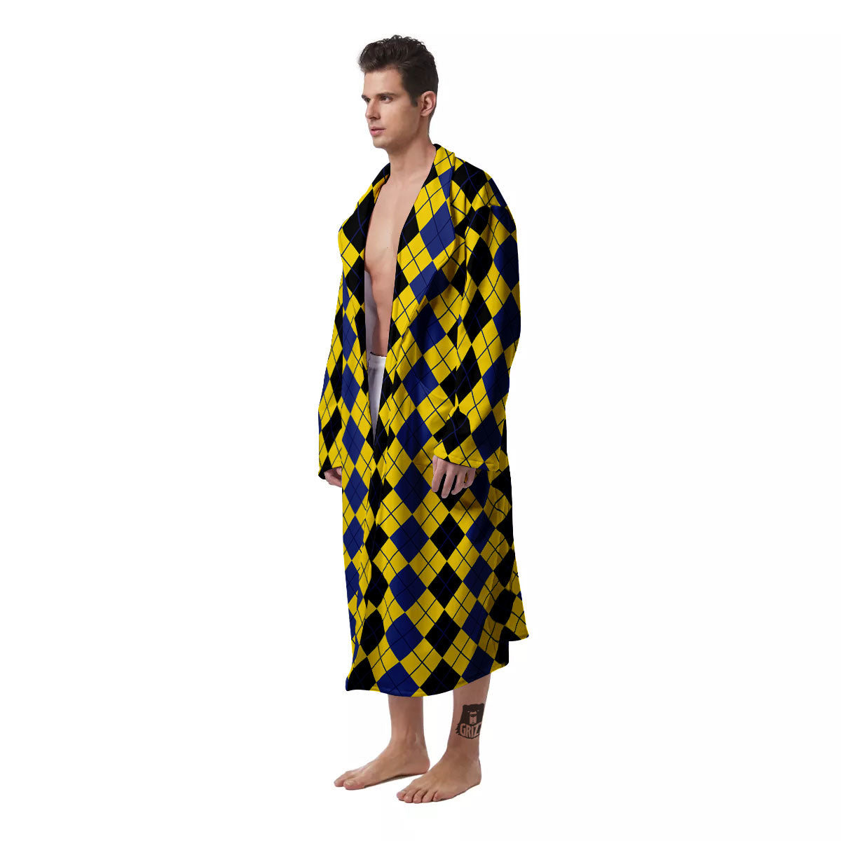 Blue Black And Yellow Argyle Print Men's Robe-grizzshop