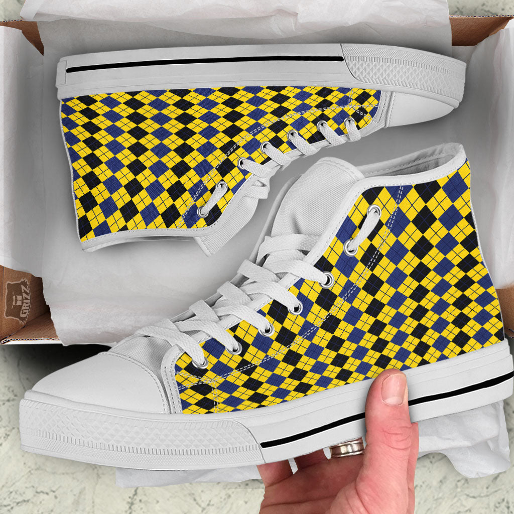 Blue Black And Yellow Argyle Print White High Top Shoes-grizzshop