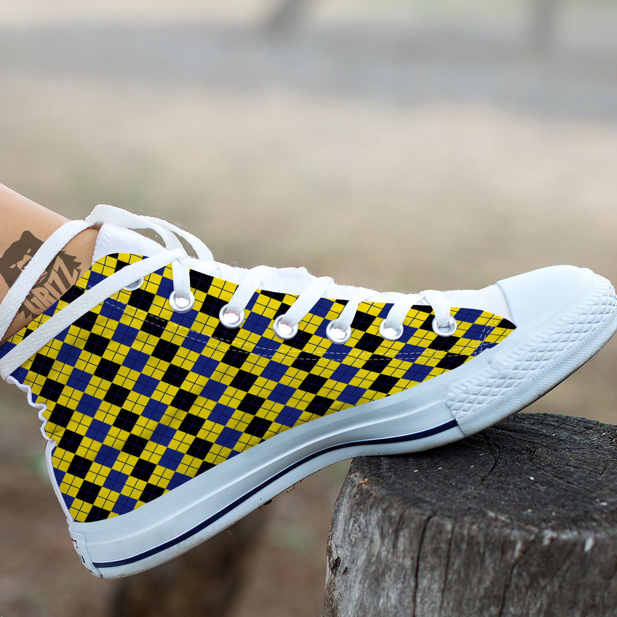 Blue Black And Yellow Argyle Print White High Top Shoes-grizzshop