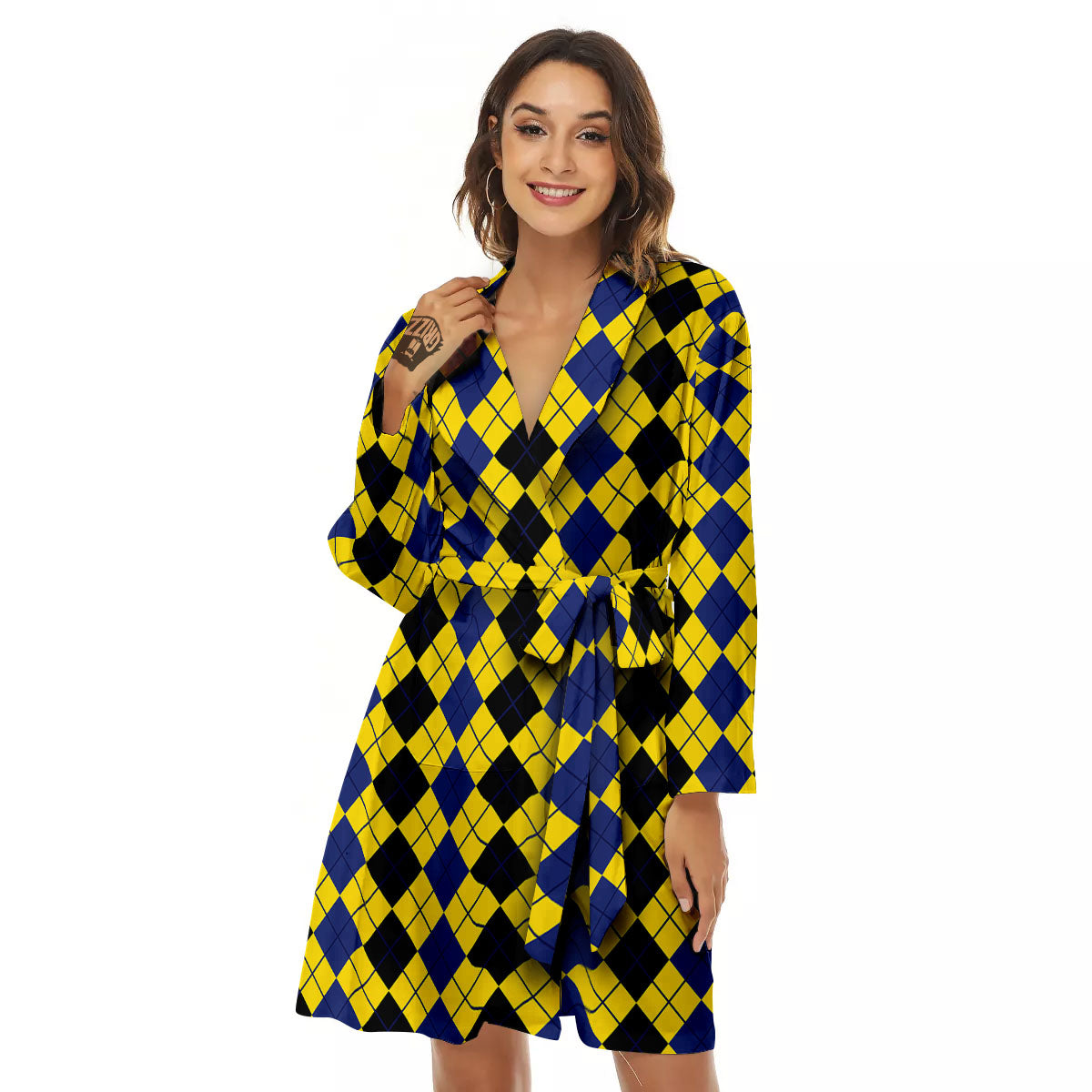 Blue Black And Yellow Argyle Print Women's Robe-grizzshop