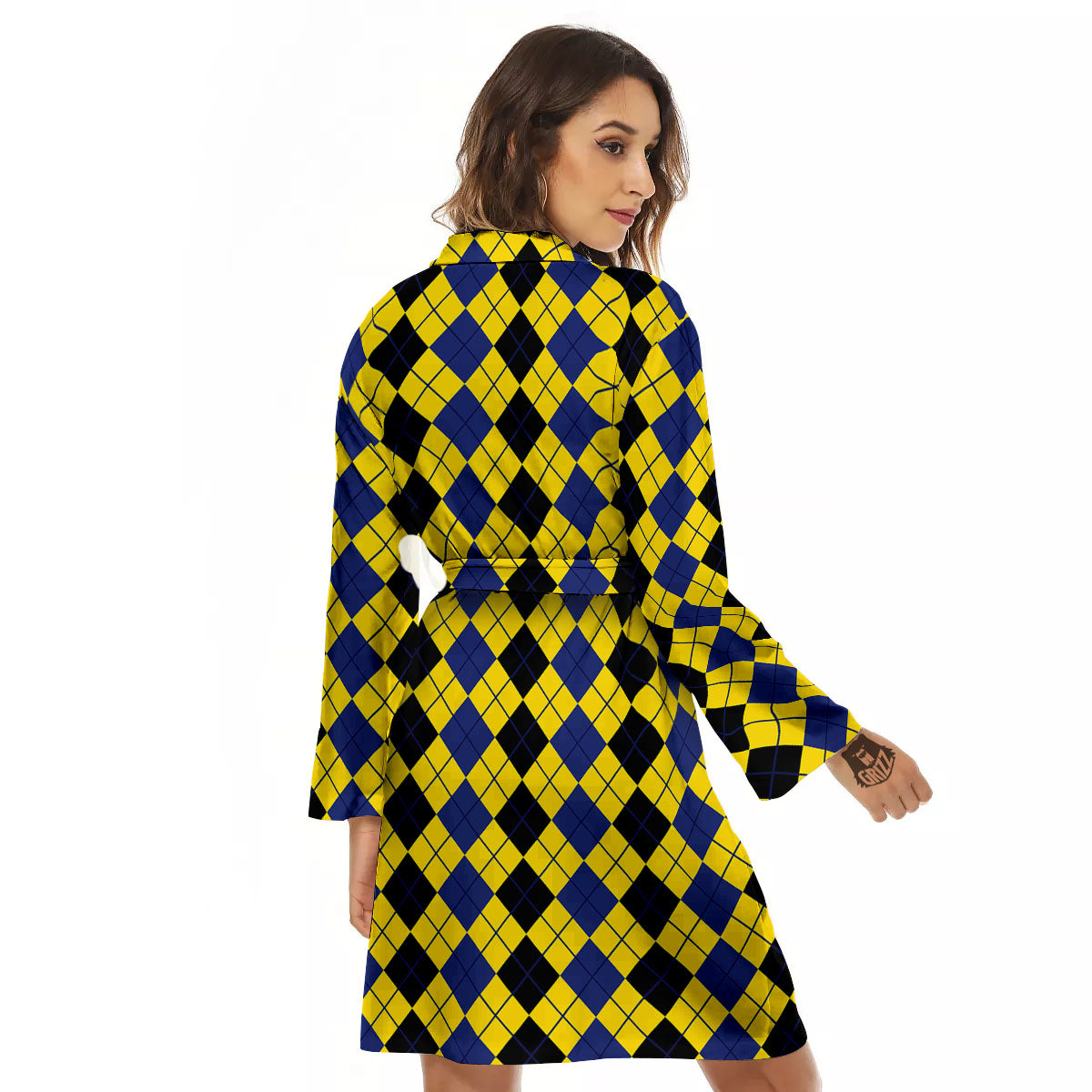 Blue Black And Yellow Argyle Print Women's Robe-grizzshop