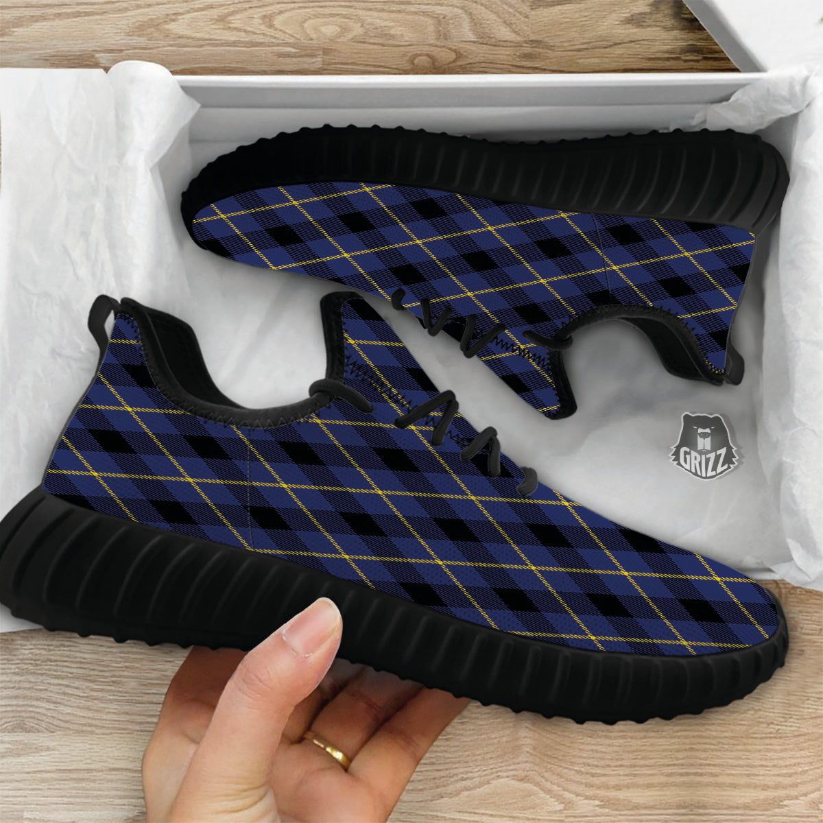 Blue Black And Yellow Plaid Print Black Walking Shoes-grizzshop