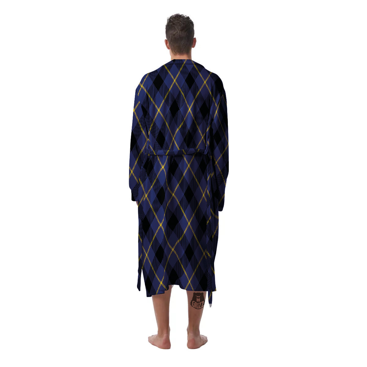 Blue Black And Yellow Plaid Print Men's Robe-grizzshop