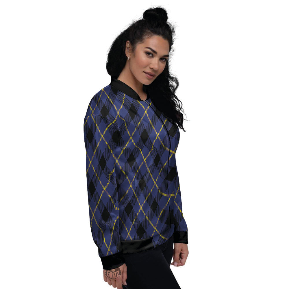 Blue Black And Yellow Plaid Print Women's Bomber Jacket-grizzshop