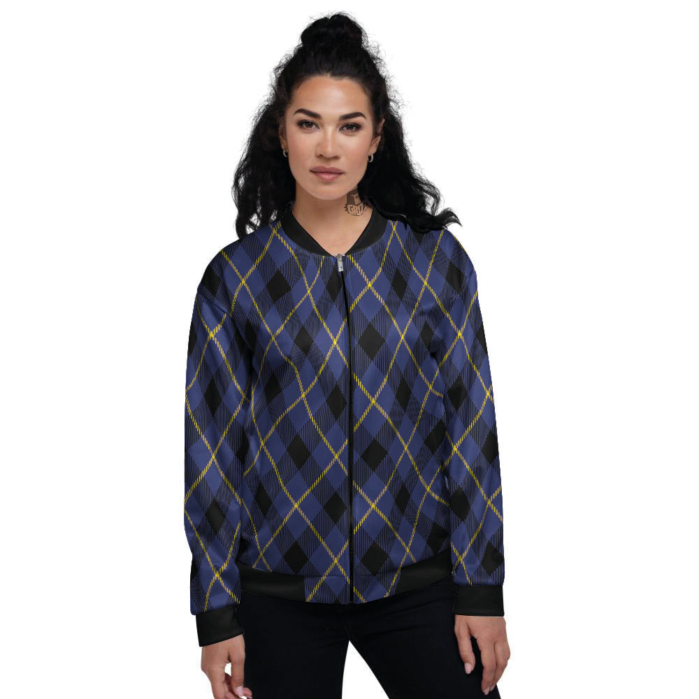 Blue Black And Yellow Plaid Print Women's Bomber Jacket-grizzshop