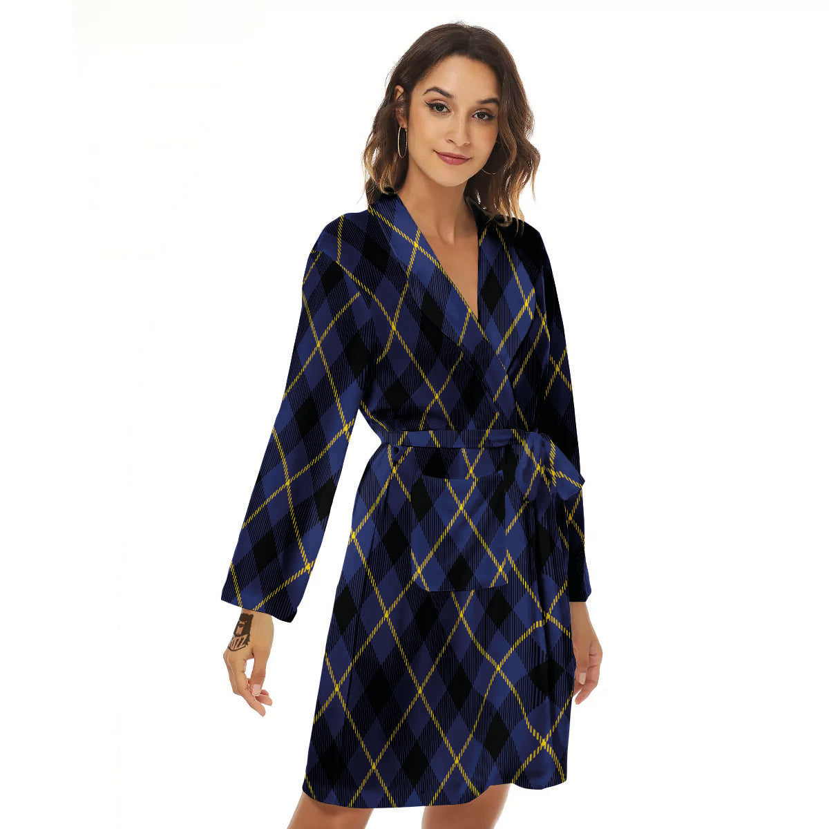 Blue Black And Yellow Plaid Print Women's Robe-grizzshop