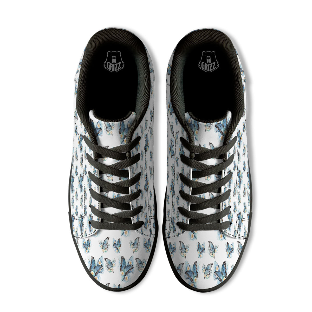 Blue Butterfly Blossom Print Pattern Black Low Top Sneakers-grizzshop