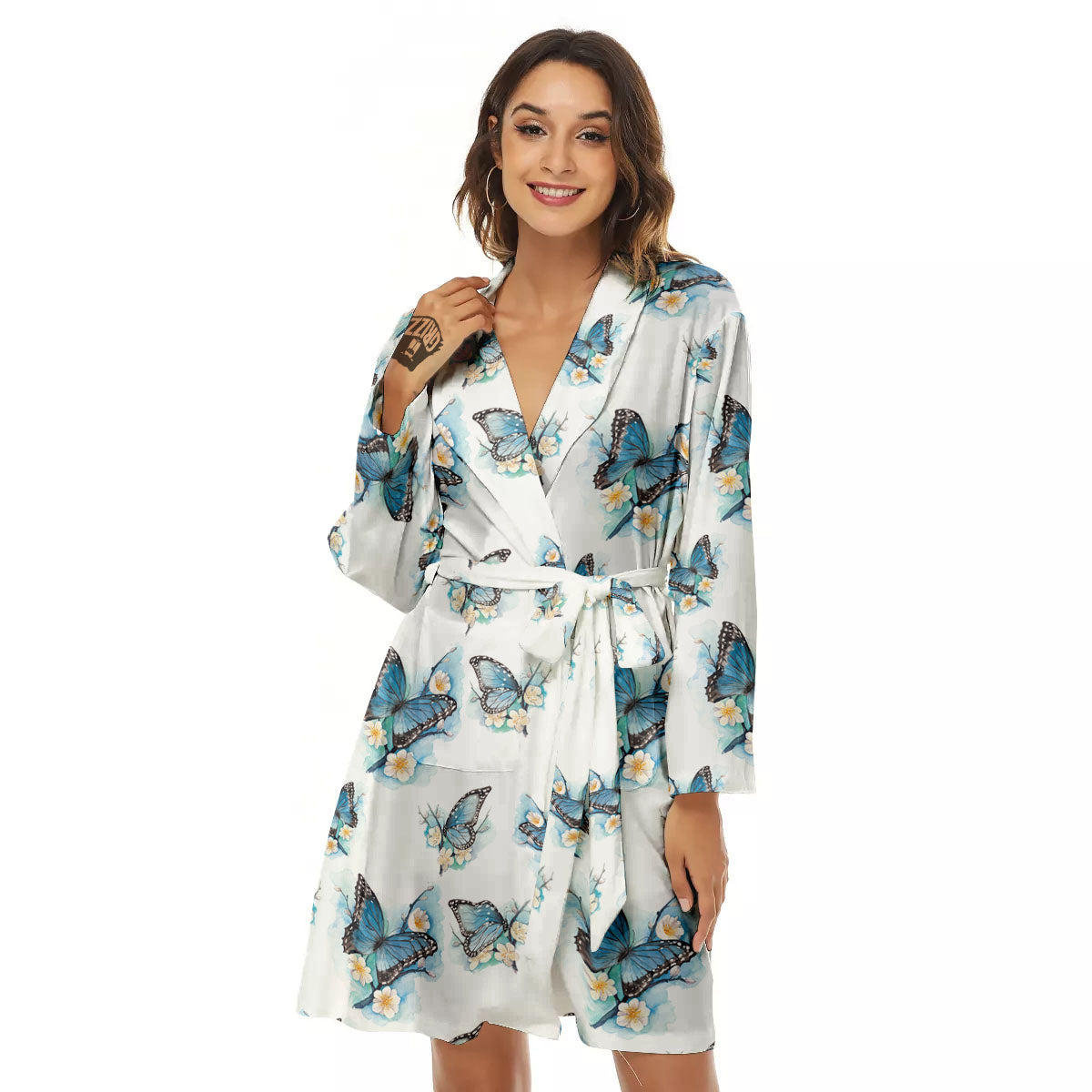 Blue Butterfly Blossom Print Pattern Women's Robe-grizzshop