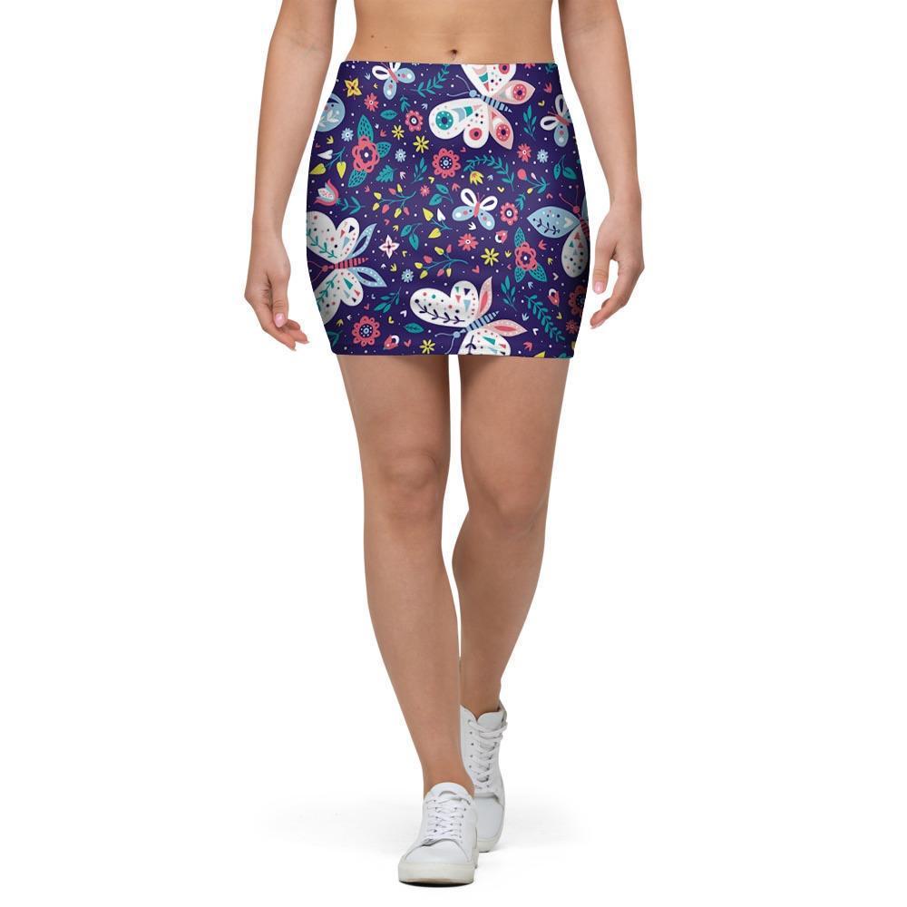 Blue Butterfly Floral Print Mini Skirt-grizzshop