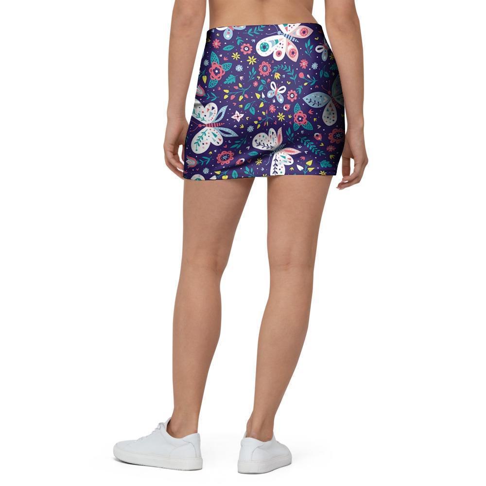 Blue Butterfly Floral Print Mini Skirt-grizzshop