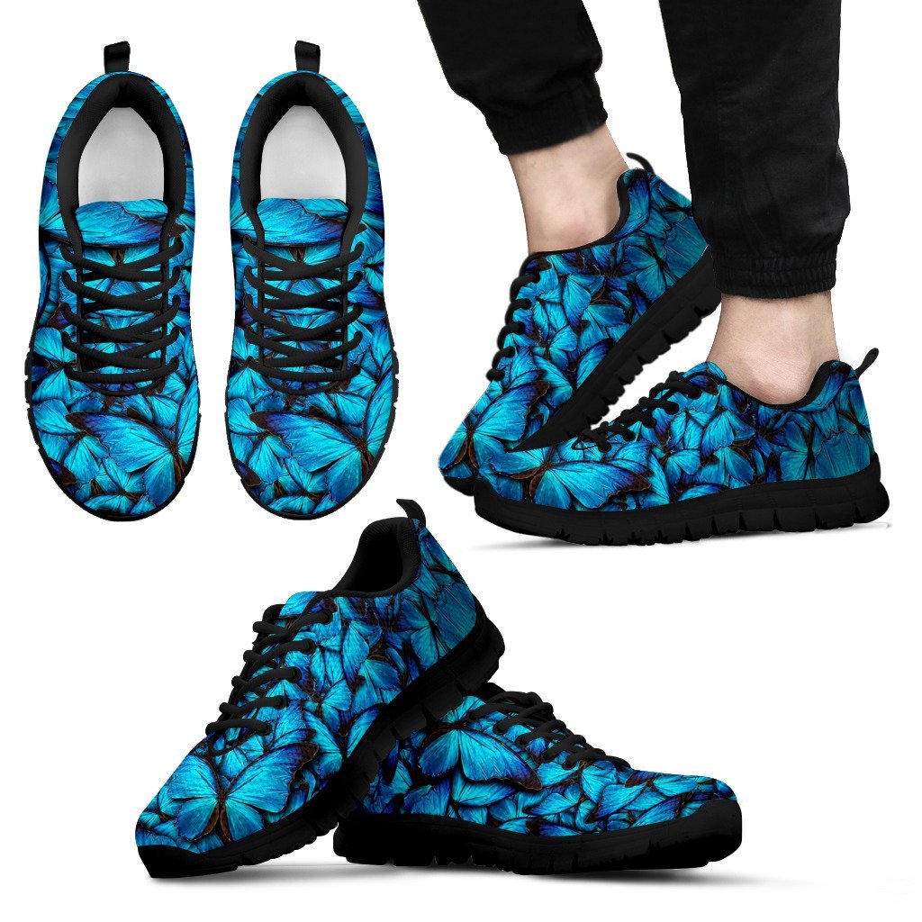 Blue Butterfly Pattern Print Black Sneaker Shoes For Men Women-grizzshop