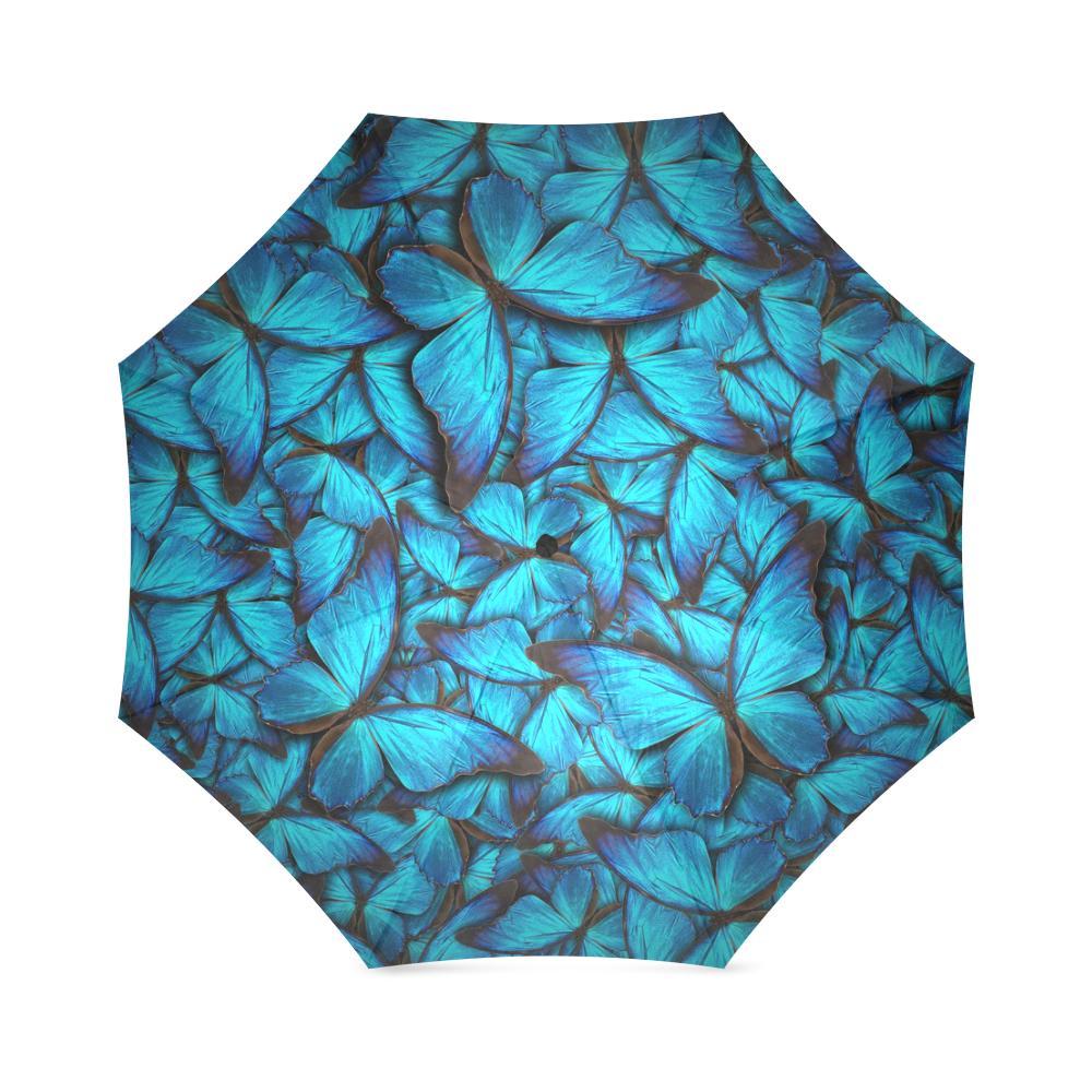 Blue Butterfly Pattern Print Foldable Umbrella-grizzshop