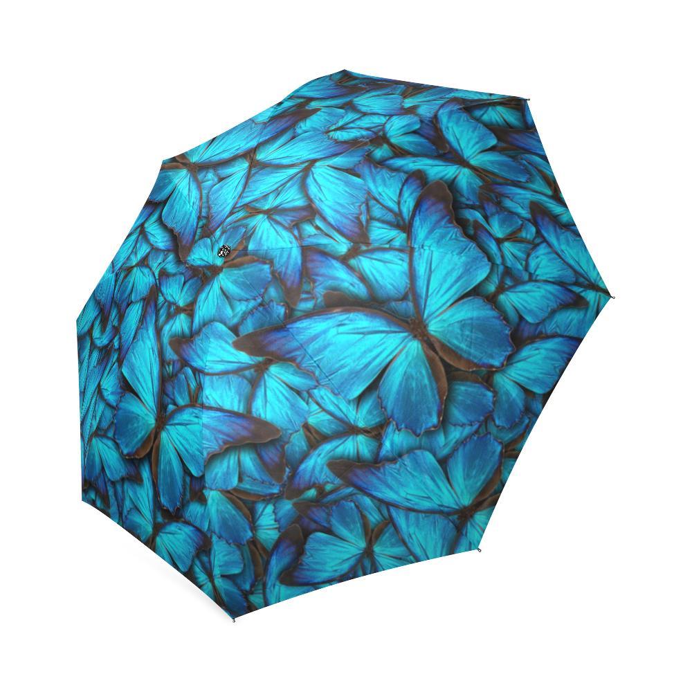 Blue Butterfly Pattern Print Foldable Umbrella-grizzshop