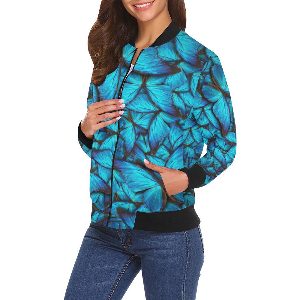 Blue Butterfly Pattern Print Women Casual Bomber Jacket-grizzshop
