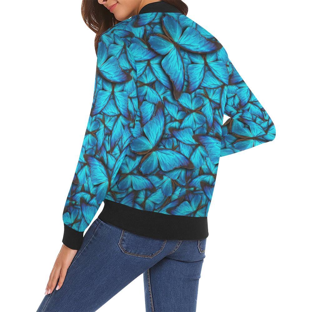Blue Butterfly Pattern Print Women Casual Bomber Jacket-grizzshop