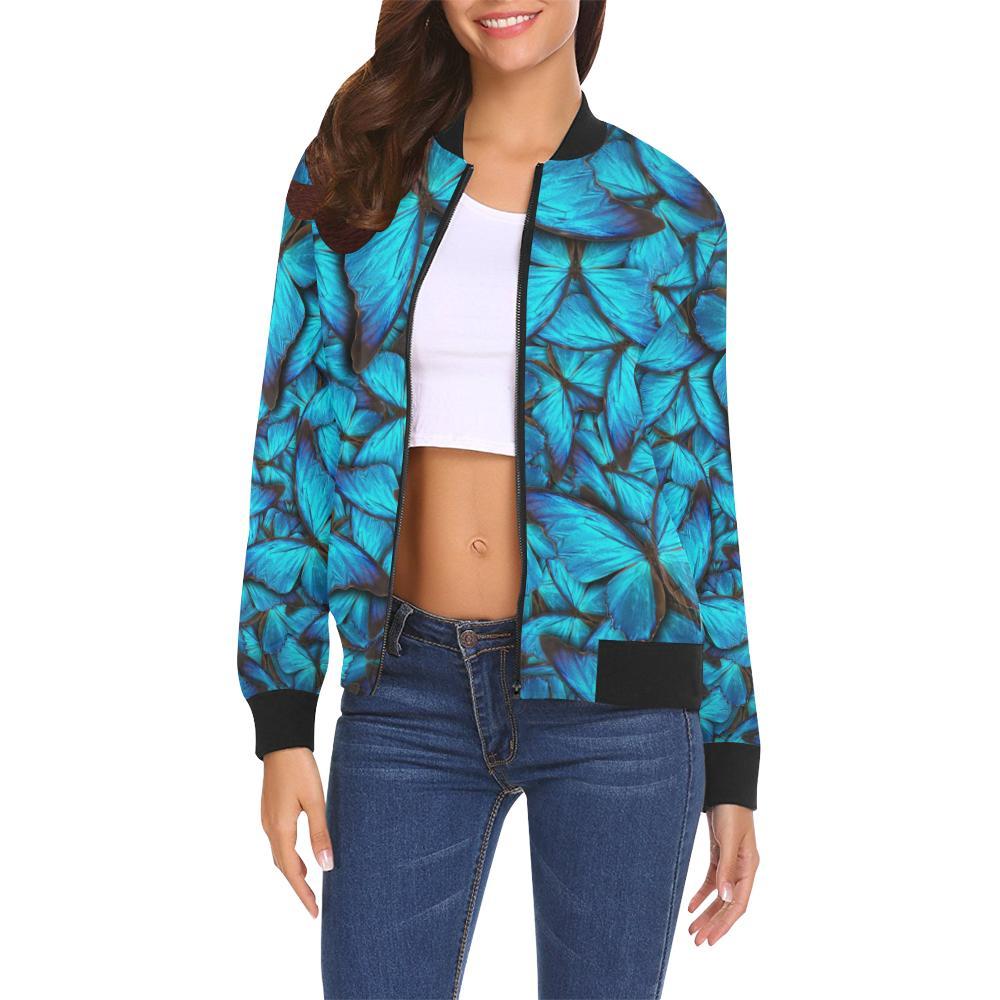Blue Butterfly Pattern Print Women Casual Bomber Jacket-grizzshop