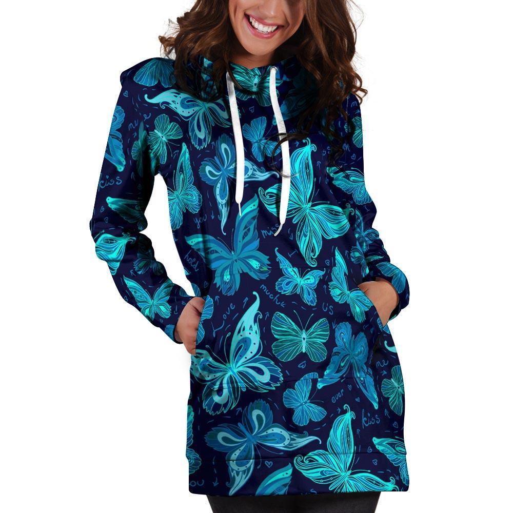 Blue Butterfly Print Hoodie Dress-grizzshop