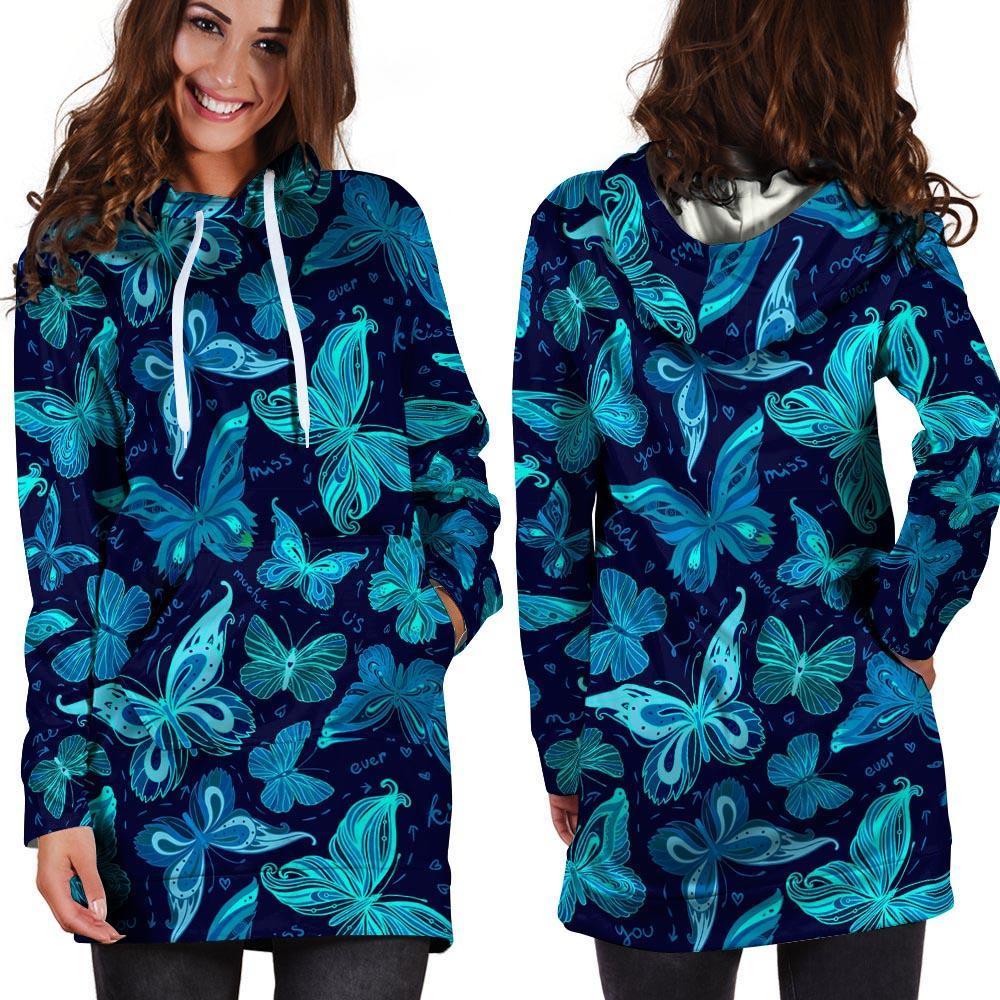 Blue Butterfly Print Hoodie Dress-grizzshop