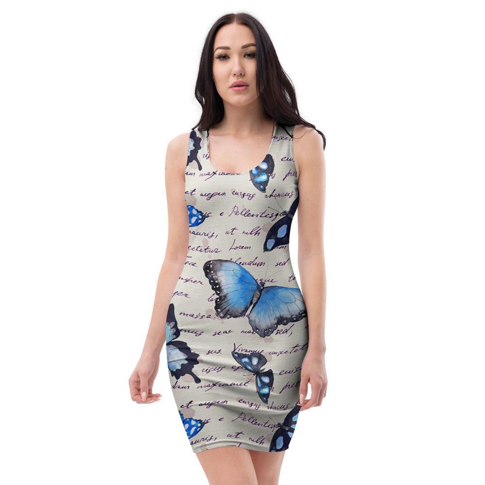 Blue Butterfly Watercolor Print Bodycon Dress-grizzshop