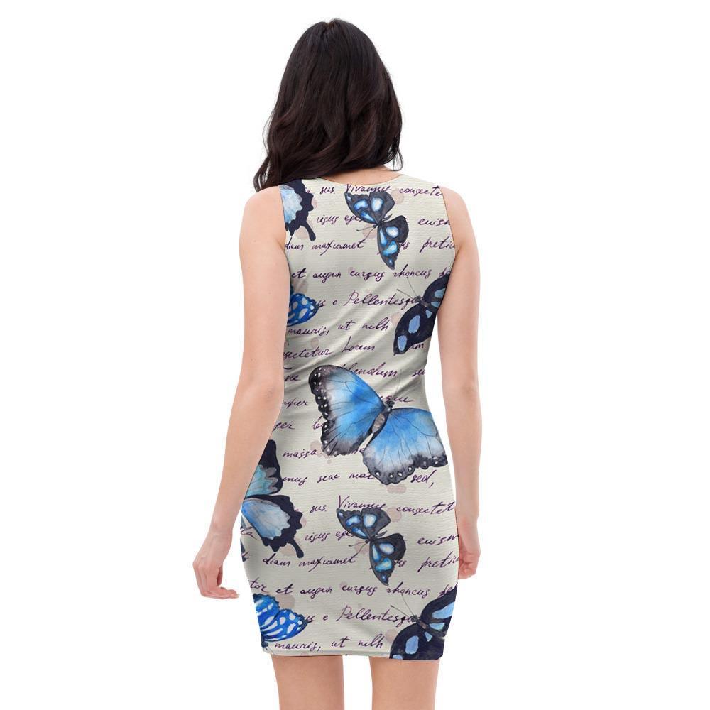 Blue Butterfly Watercolor Print Bodycon Dress-grizzshop