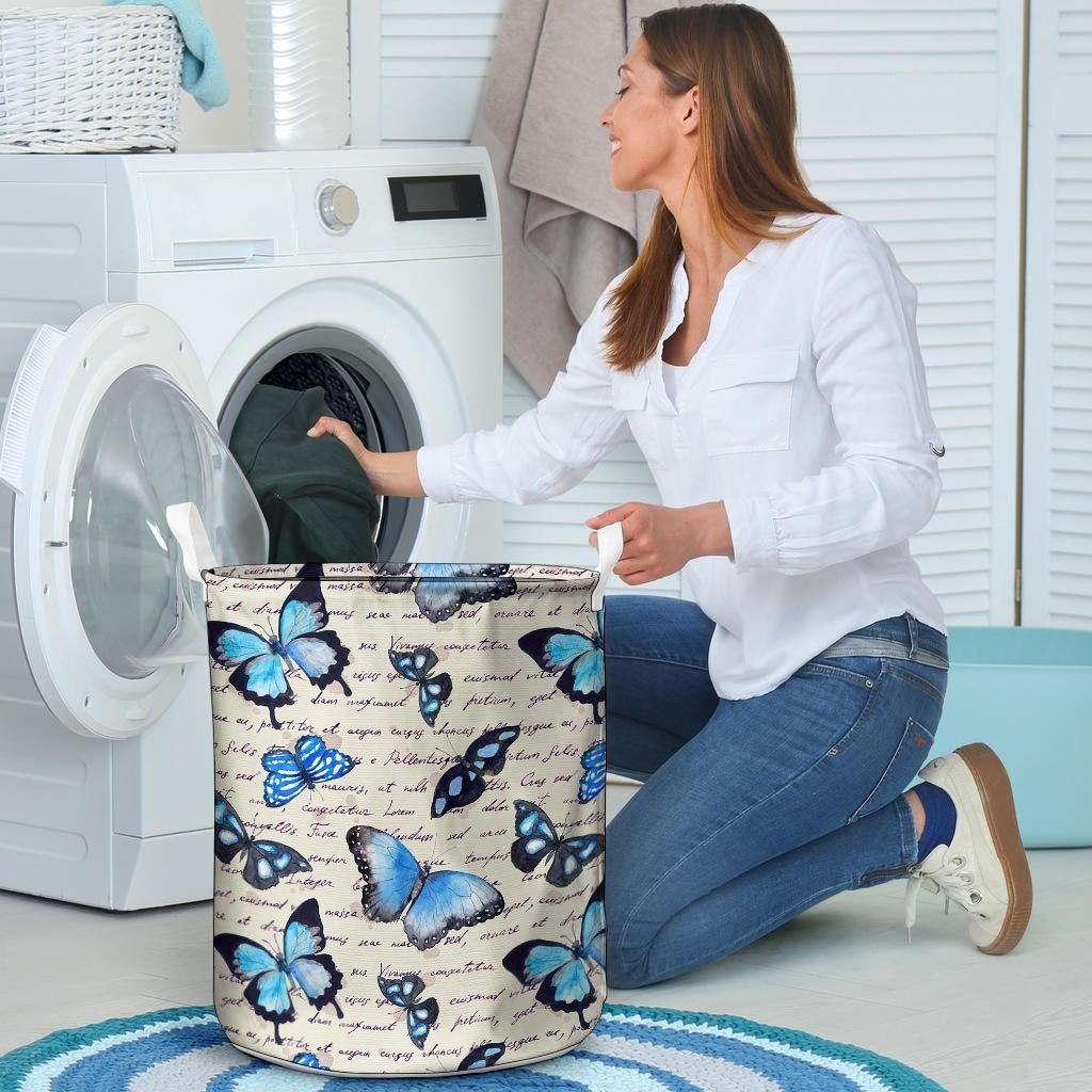 Blue Butterfly Watercolor Print Laundry Basket-grizzshop