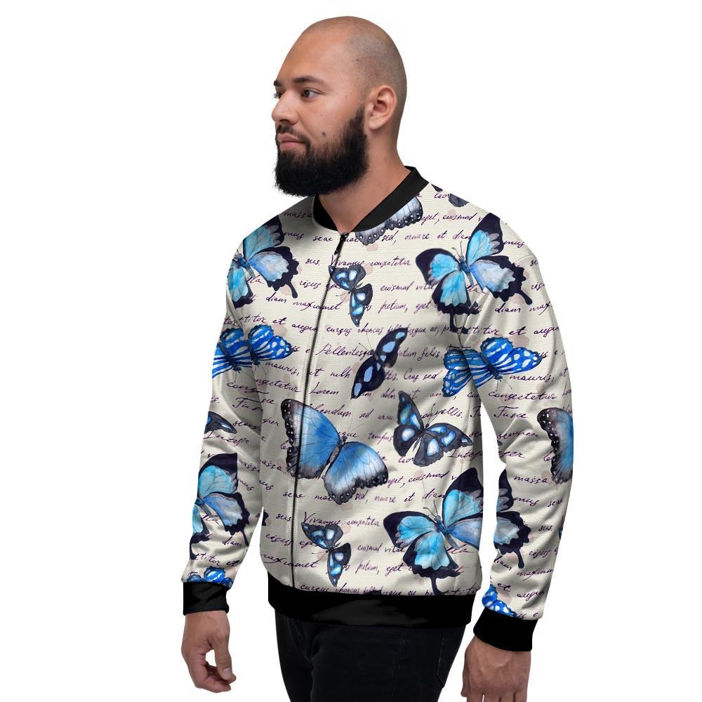 Blue Butterfly Watercolor Print Men's Bomber Jacket-grizzshop