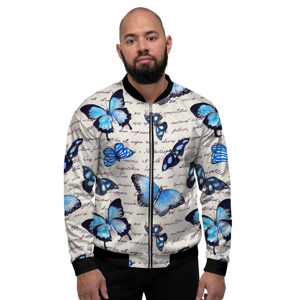 Blue Butterfly Watercolor Print Men's Bomber Jacket-grizzshop