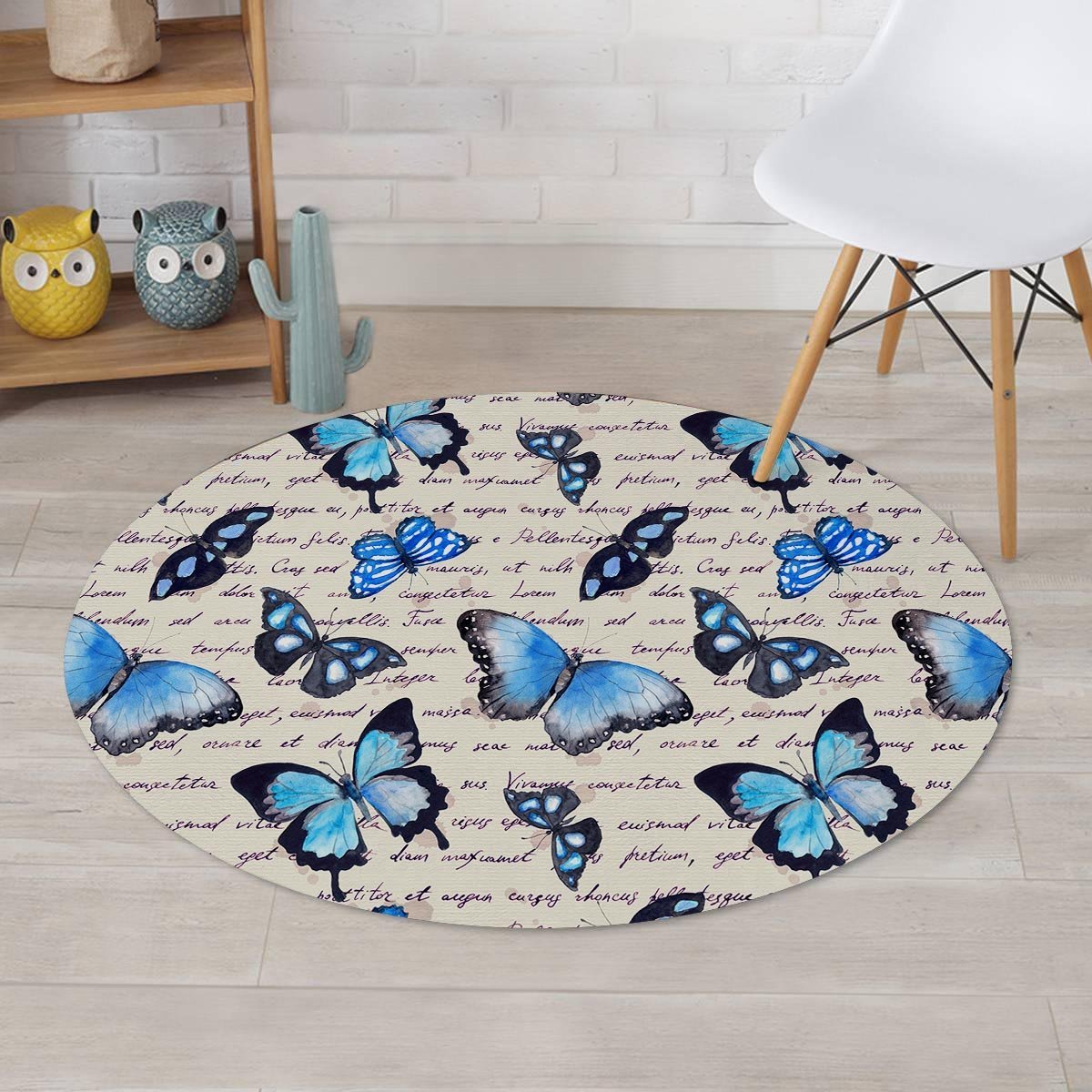 Blue Butterfly Watercolor Print Round Rug-grizzshop