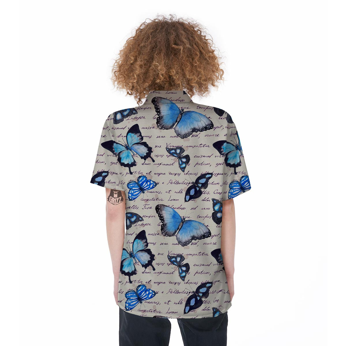 Blue Butterfly Watercolor Print Women's Short Sleeve Shirts-grizzshop