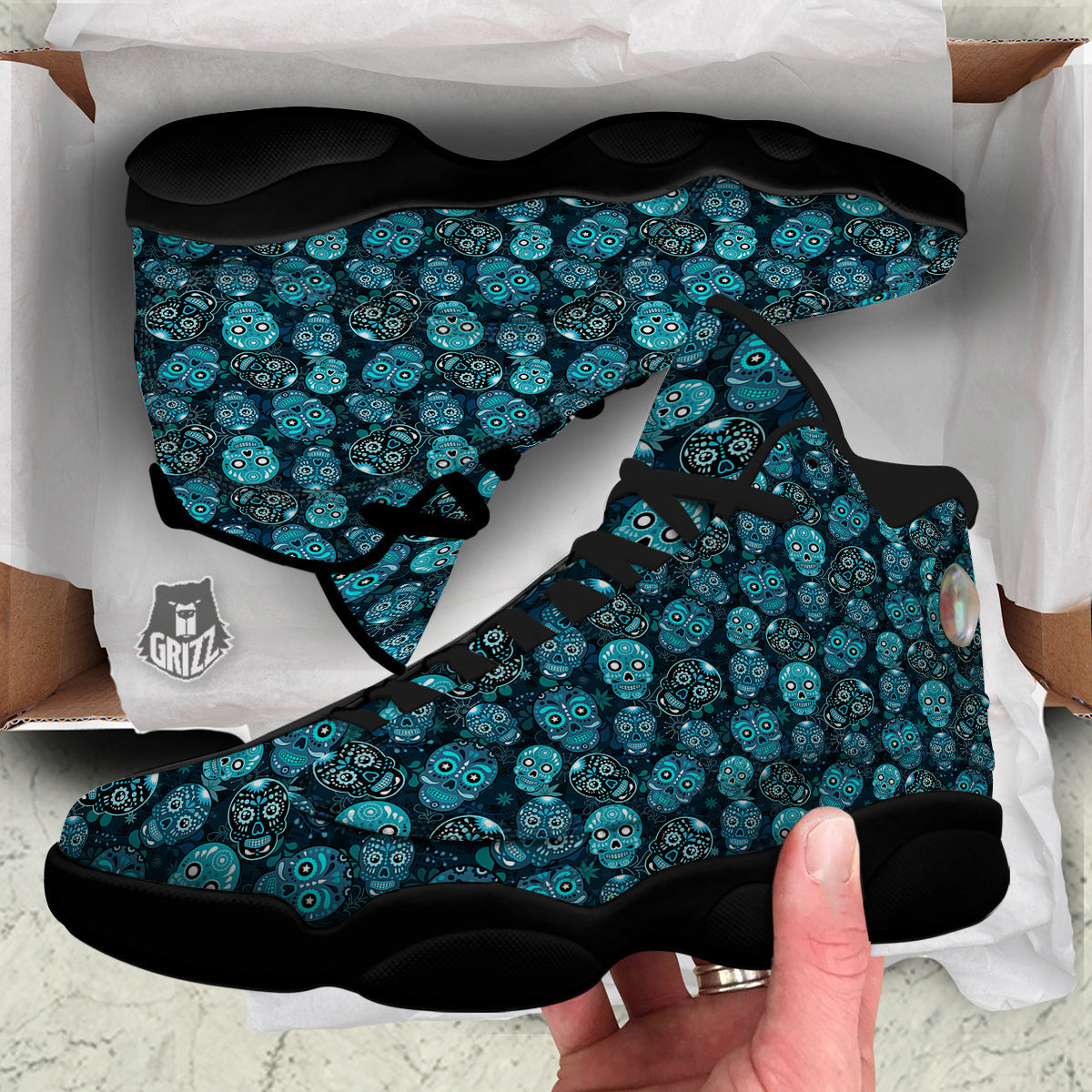 Blue Calavera Skull Print Pattern Black Basketball Shoes-grizzshop