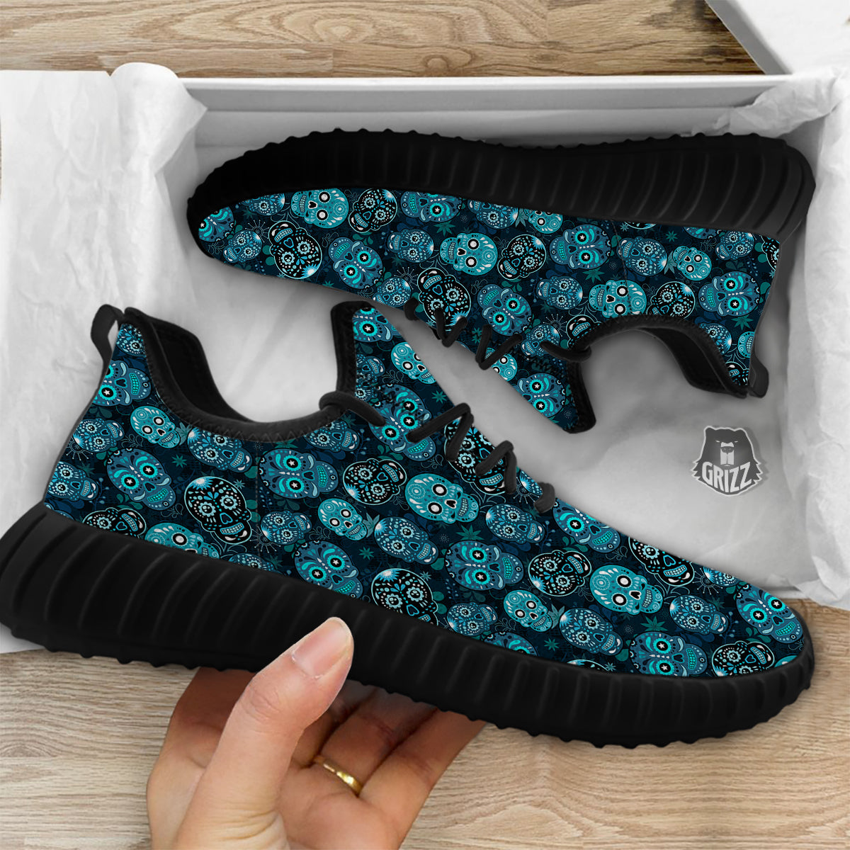Blue Calavera Skull Print Pattern Black Walking Shoes-grizzshop