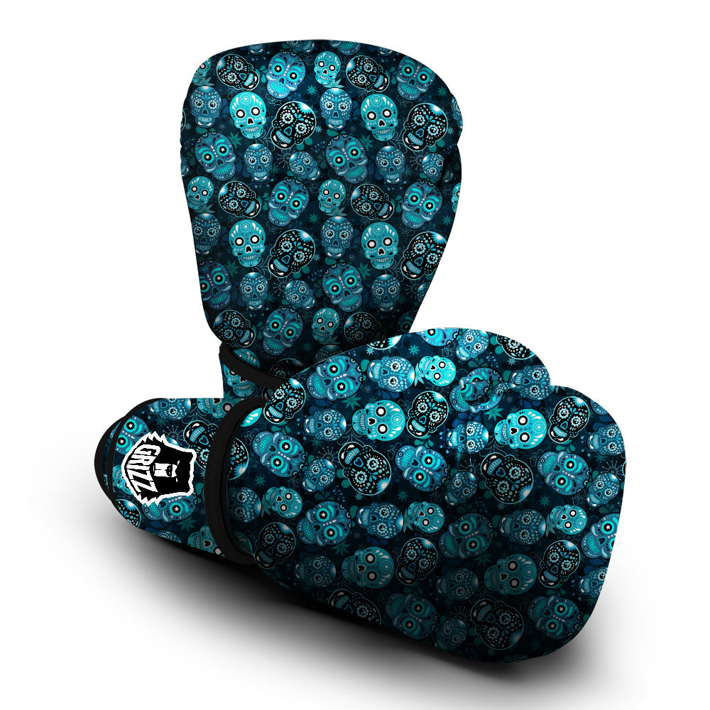 Blue Calavera Skull Print Pattern Boxing Gloves-grizzshop