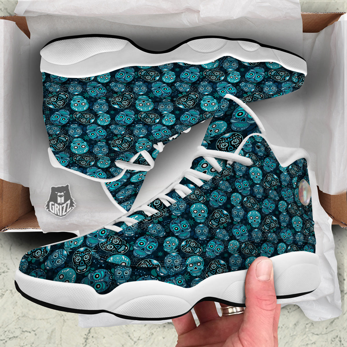 Blue Calavera Skull Print Pattern White Basketball Shoes-grizzshop