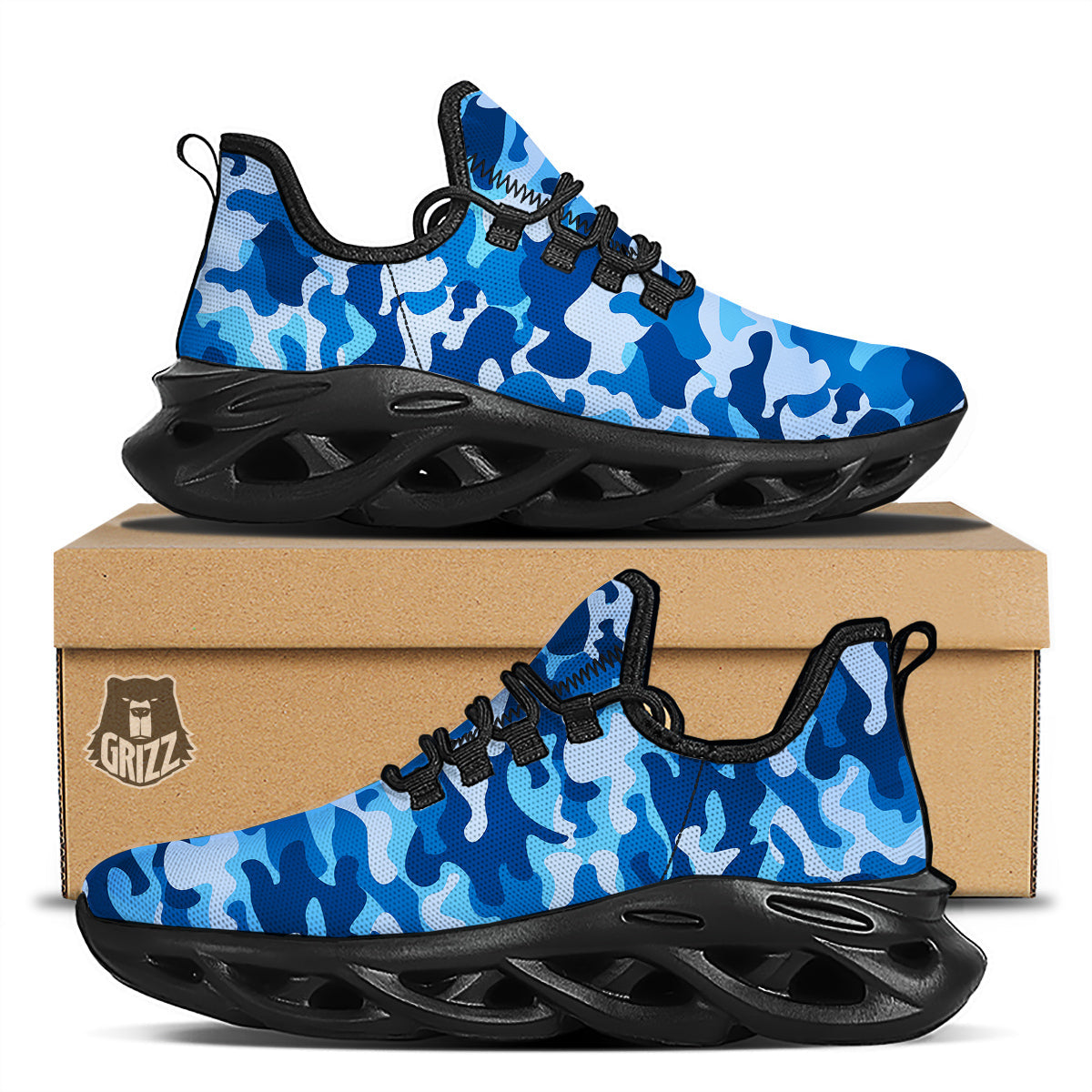 Blue Camo And Camouflage Print Black Running Shoes-grizzshop