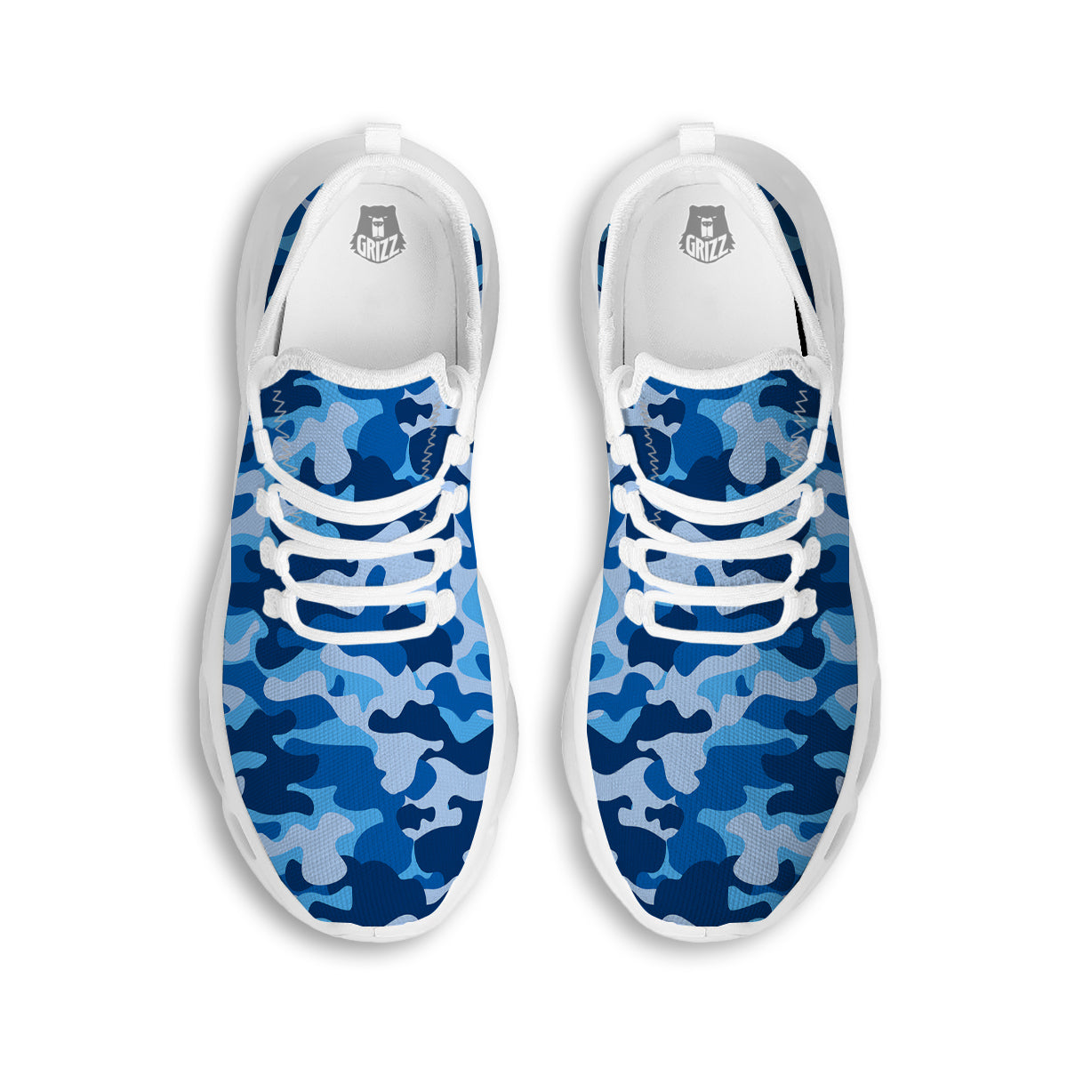 Blue Camo And Camouflage Print White Running Shoes-grizzshop