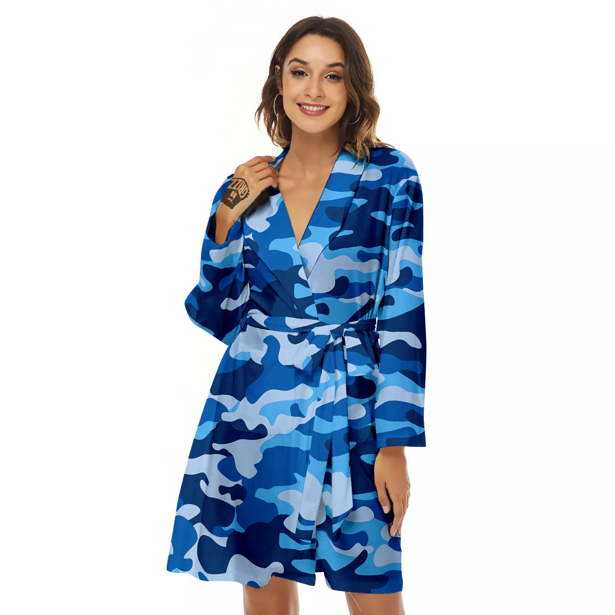 Blue Camo And Camouflage Print Women's Robe-grizzshop